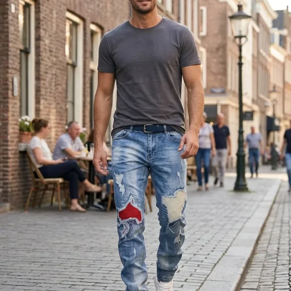 Ribbed-Patch Distressed Denim